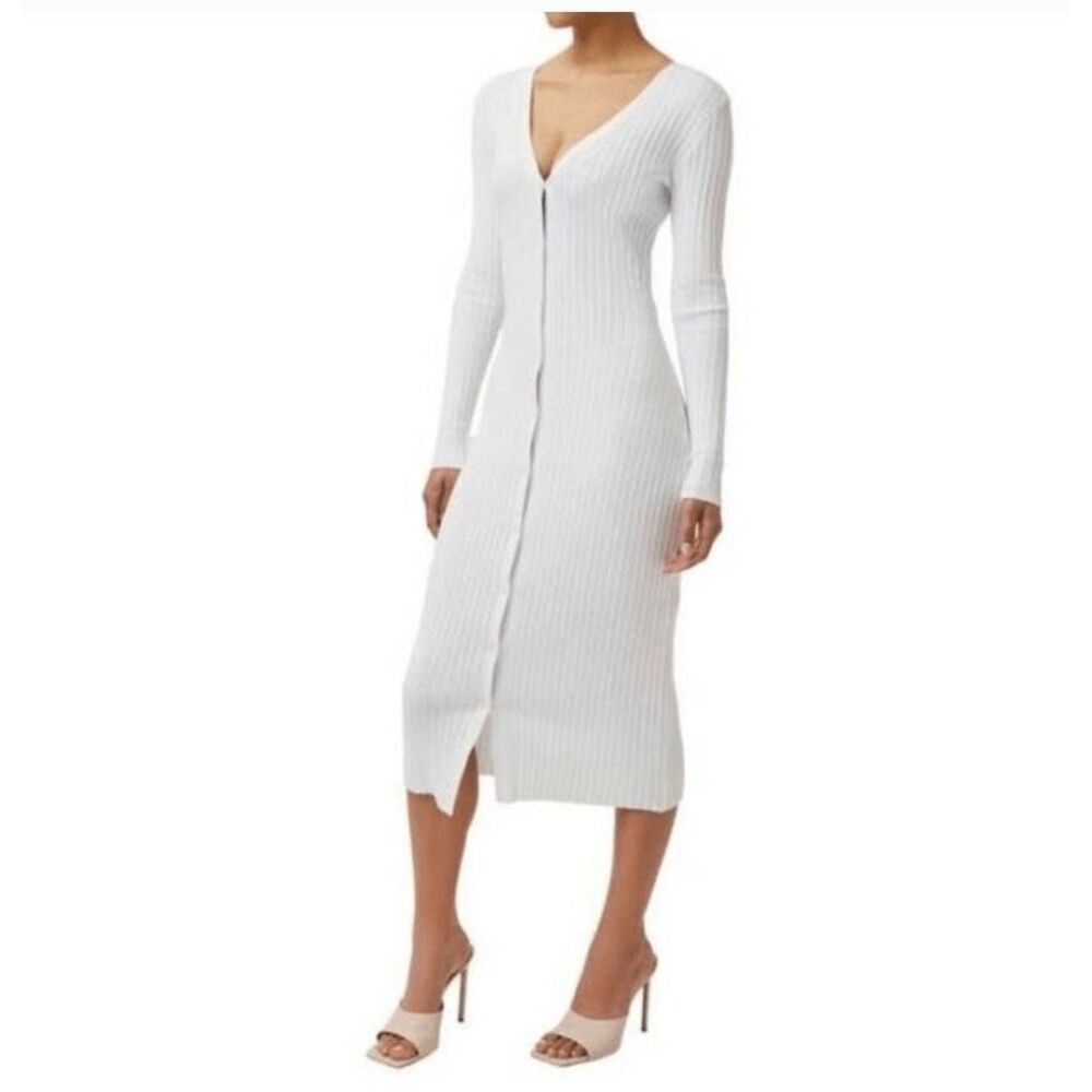 NWT LITA By Ciara Icon Rib V Neck Cardigan Button Front Midi Dress - White - siz